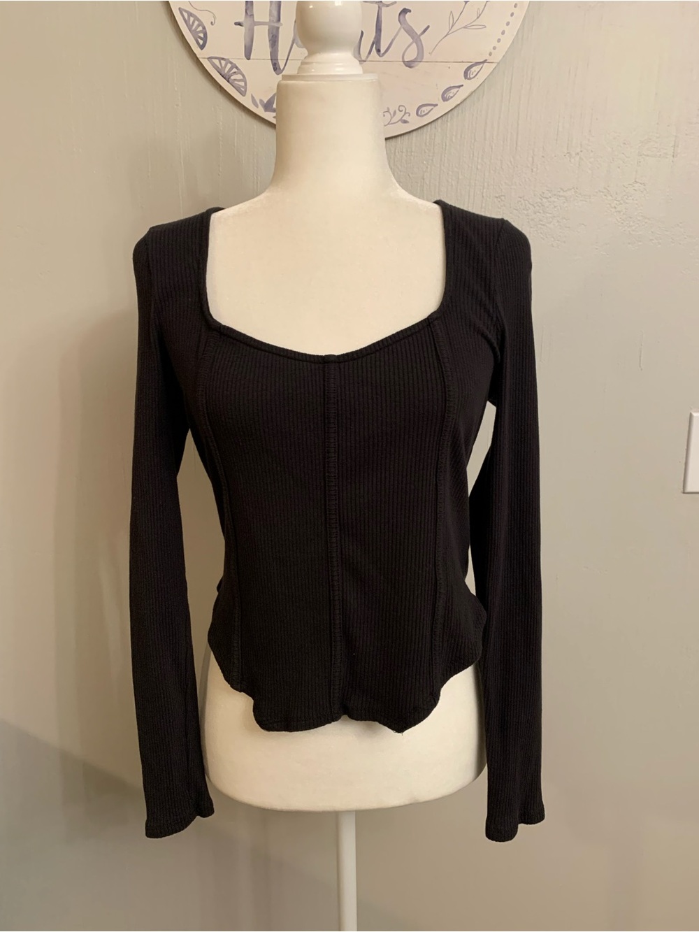 Black Ribbed Long-Sleeve Square Neck Tee